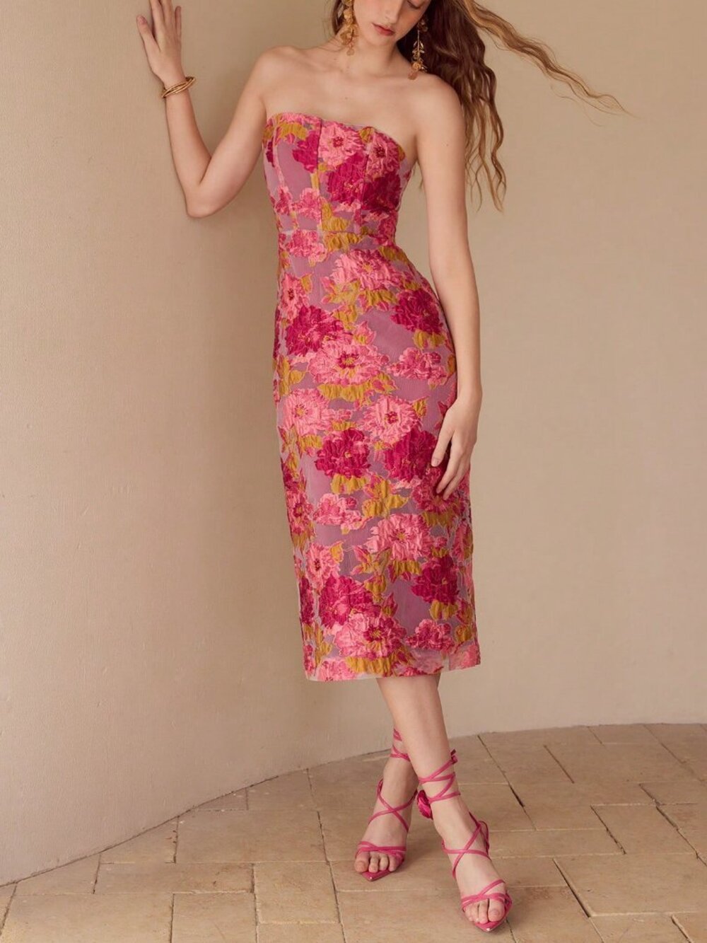 Pink Women's Premium Floral Jacquard Tube midi Dress - Picture 4 of 6
